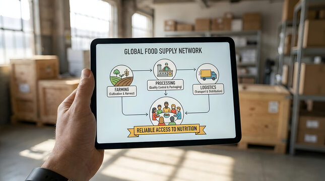 Global food supply chain management concept displayed on tablet in warehouse with cardboard boxes and sustainable logistics network visualization