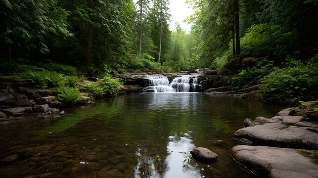 A serene view of a cascading waterfall flowing into a reflective pool within a lush temperate forest setting