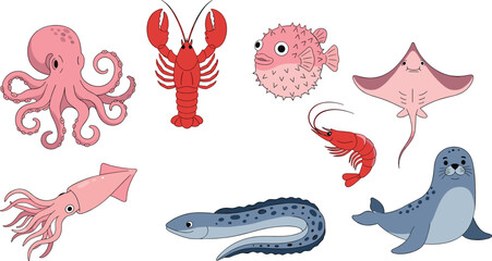 Cute marine life vector set. Cartoon octopus, lobster, puffer fish, stingray, squid, eel, shrimp, and seal. Fun aquatic characters for children's design and stickers. © HazelQueen