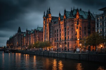 Obraz premium Evening Illumination of Historic Brick Buildings Along a Waterway