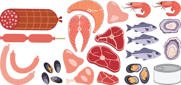 Meat and seafood vector collection. Assorted raw beef steaks, sausages, chicken, salmon, shrimp, mussels, and oysters. Flat food icons for butchery and market design.