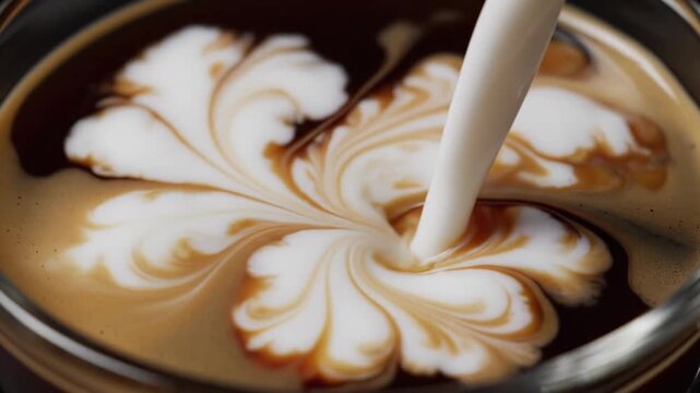 Creamy milk pouring into black coffee creating elegant latte art patterns in cinematic macro closeup. Cozy cafe atmosphere and barista craft concept