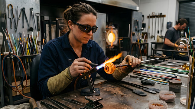 Glassblower shaping ocular prosthetic with blowpipe and torch in studio