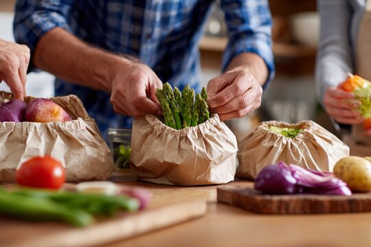 Hands arranging fresh asparagus in a paper bag on a wooden table with vegetables