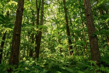 Obraz premium Temperate forest exhibiting dense canopy in woodland understorey