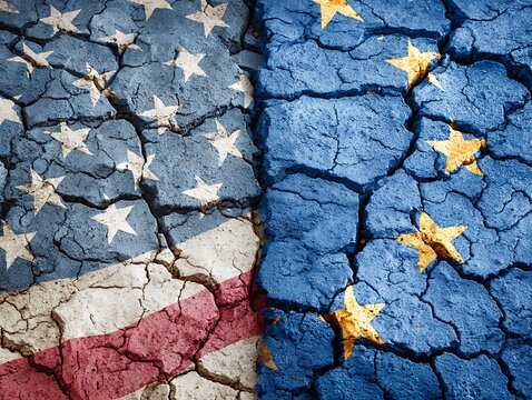 USA and EU flags on parched, cracked earth symbolizing geopolitical tension, economic instability, climate crisis, and the fragile state of Western diplomatic relations.