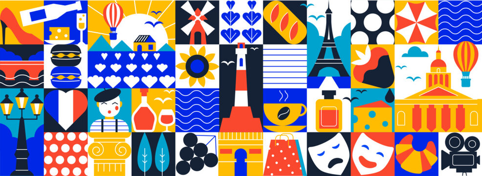 Seamless pattern of French symbols with geometric mosaic ornament, abstract travel banner with icons