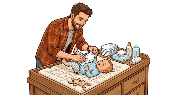 vector young father changing baby diaper on changing table with bottle wipes and toys nursery scene