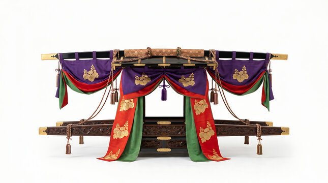 Antique Japanese palanquin kago on white background. Ornate traditional norimono carriage with purple silk and gold crests. Ideal for historical, cultural, and museum education design.