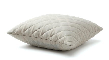 Obraz premium Beige quilted pillow with diamond stitching pattern isolated on white background, soft textile cushion for bedroom decor and interior design.