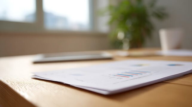 Business Documents with Charts and Graphs on Wooden Table in Bright Office Space, Ready for Review and Analysis, Modern Workspace Setting