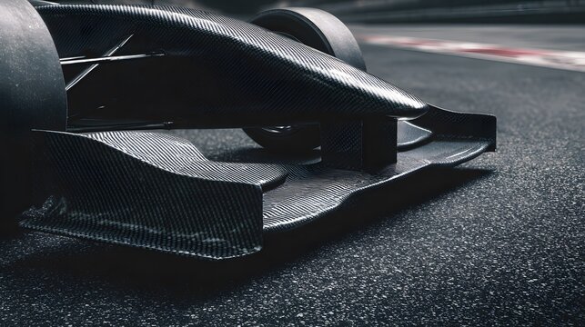 Close-up of a sleek carbon fiber front wing on a race car