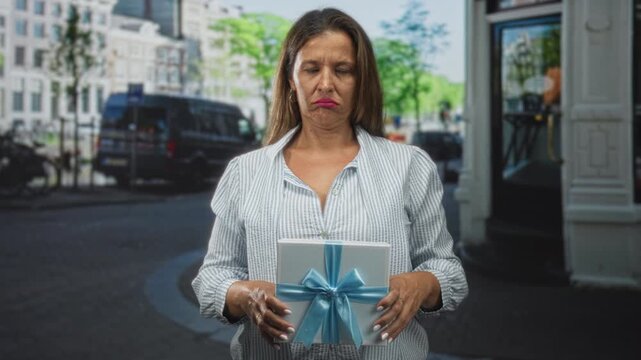 Woman holding wrapped gift box with hands visible on street outside a building, neutral to slight smile gesture; hope.