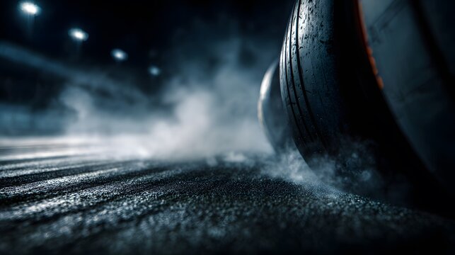 Close-up of racing tires on asphalt with smoke and tire marks