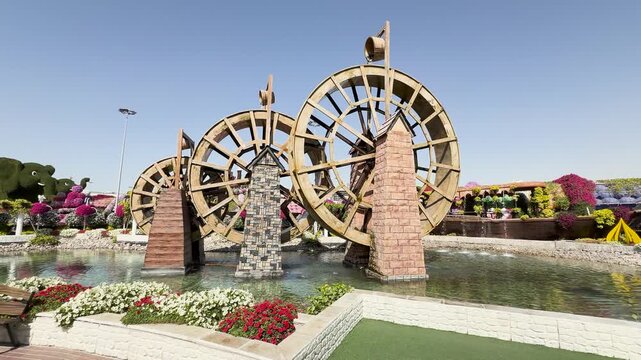 Decorative water wheels at Dubai Miracle Garden, United Arab Emirates