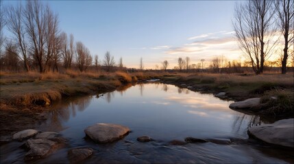 Obraz premium A tranquil view of a reflective stream flowing through natural banks under the soft light of twilight