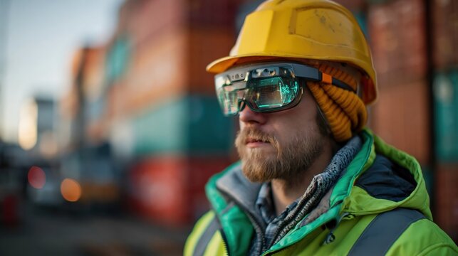 Logistics supervisor using augmented reality visor at organized container yard
