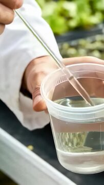 Vertical video: Lowering pipette tech in lab coat sampling from plastic cup at bench to test trays