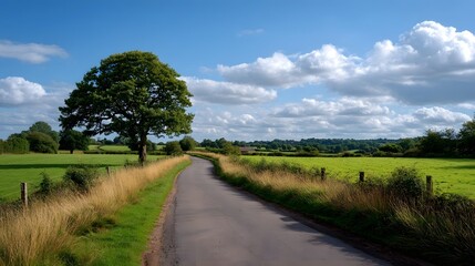 Fototapeta premium A winding country road cuts through lush green fields under a bright blue cloudy sky