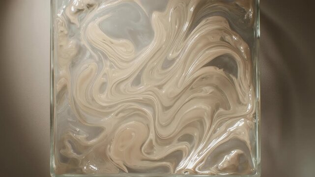 Mesmerizing abstract texture of soft, flowing beige and creamy white liquids, forming a captivating and organic swirling pattern perfect for modern artistic design and tranquil backgrounds