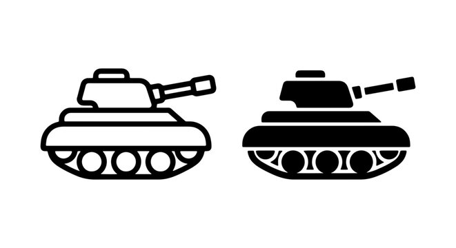 Military Tank Icons, Set of Two, Black and White Vector Graphics for War and Defense Concepts