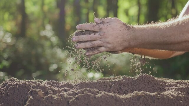 Melioration concept. Fertile soil and humus in farmers hand. Close up of hands holding soil. Soil Falling Through Hands. Man Holding Soil Outdoors. Hands Cupping Earth.