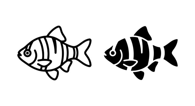 Striped fish vector icons, tropical tiger barb silhouette set, black and white aquatic animal logo