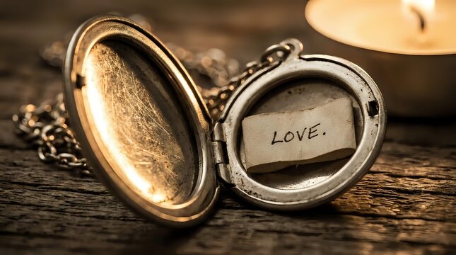 Open vintage gold locket with a handwritten love note inside, glowing candle in background, romantic keepsake on rustic wooden surface.