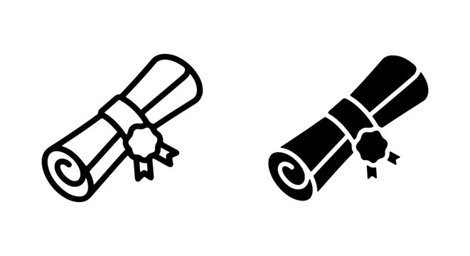 Graduation scroll diploma icons, rolled paper certificate with seal, academic degree vector set