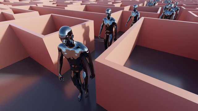 3d animation of metallic figures walks endlessly through a structured maze for VJ sets, high-tech club visuals,  electronic music festivals, stage screens and for LED video walls