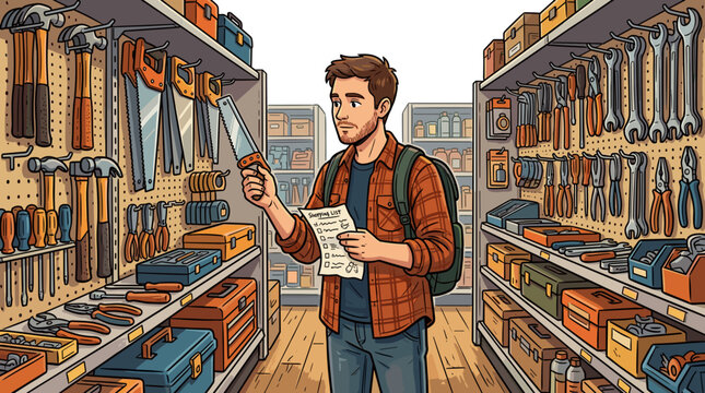 vector man comparing two power tool drills at hardware store shelves with hand tools and accessories