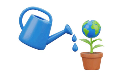 Obraz premium Vector illustration of watering can pouring water on a small planet earth plant on a transparent background