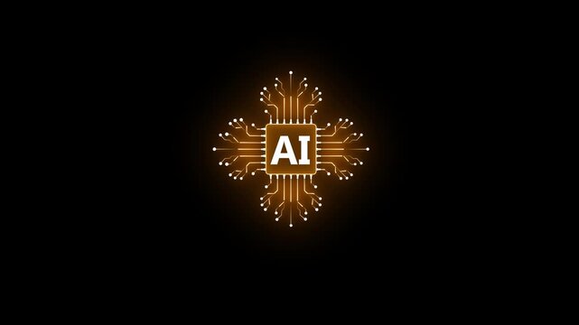 Business professional holding glowing AI microchip icon with digital circuit network interface, representing artificial intelligence technology, data processing, and automation.neon animation video.