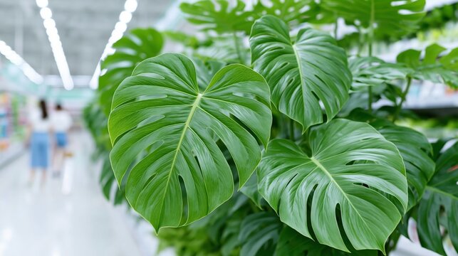Monstera leaves displayed on shelf inside supermarket aisle