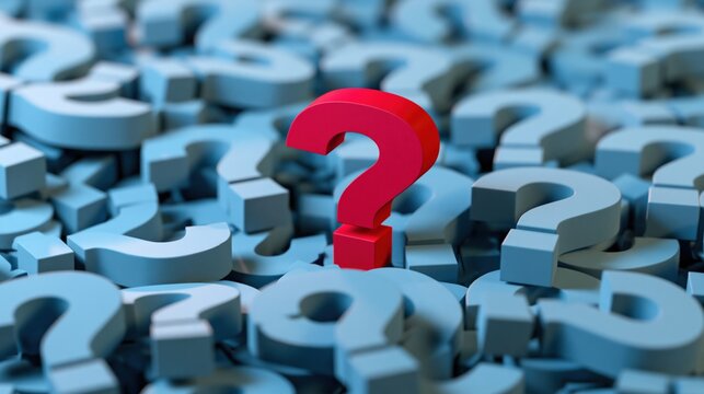 Red question mark standing among blue question marks pile