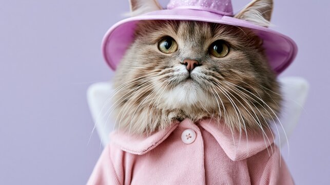 Longhaired cat dressed in pink coat and hat on lavender set
