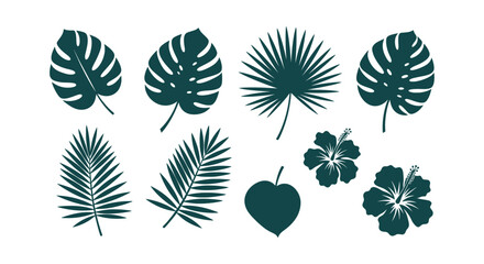 Tropical Leaves and Hibiscus Flowers Silhouette Vector Collection for Jungle and Summer Designs © Tajul