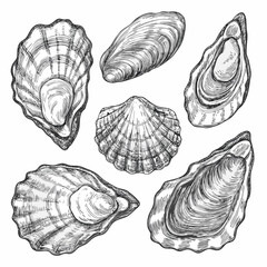Vintage oyster shells engraving illustration on white background © PolyRani
