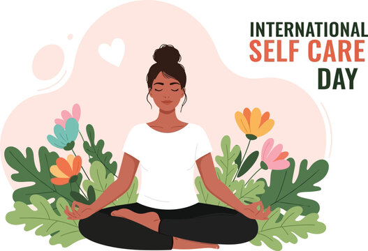 Yoga day illustration woman meditating for international self care day