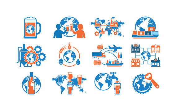 Global beer industry icons showing production, distribution, and consumption worldwide