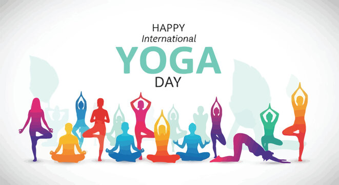 International yoga day celebration diverse silhouettes in yoga poses