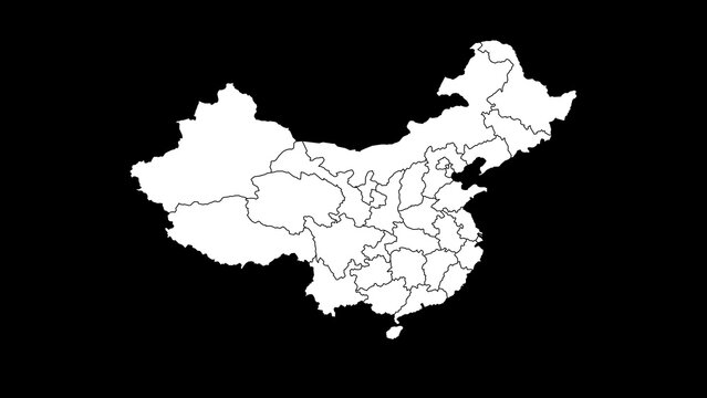Dark Mode White on Black Map of China - High Resolution 4K Geography