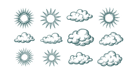 Fototapeta premium Hand Drawn Vintage Sun and Cloud Sketch Icons Collection. Engraving Style Weather Vector Elements.