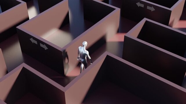 3d animation of seamless conceptual video loop of a polished chrome human figure endlessly navigating a labyrinthine elevated platform maze of choice-making paths