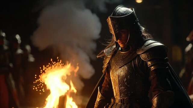 Medieval armored warrior near bright flames in cinematic style on dark background, concept of courage and strength