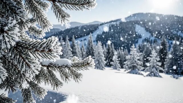 Close-up of snow-covered fir tree branch in winter landscape. Snowy mountains and forest with falling snow on sunny day. Christmas holiday background
