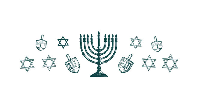 Hand Drawn Hanukkah Banner with Menorah Dreidel and Star of David Icons Sketch Vector Illustration