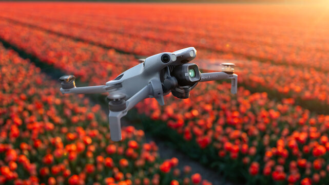Mini 5 Pro camera drone by Chinese company DJI hovering with colorful flowers in the background. Taken in the Netherlands on April 6, 2026.