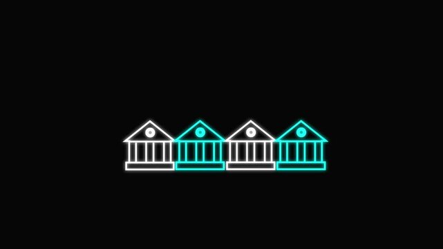 Glowing neon line House under protection icon with up arrow isolated on black background. a glowing light drawing a neon outline of houses decreasing in size. House, home building. 4K