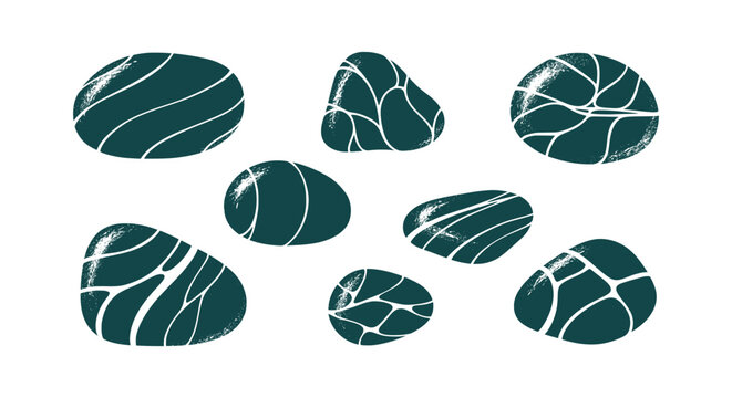 Minimalist dark green sea pebbles set with white vein patterns, vector illustration on white background